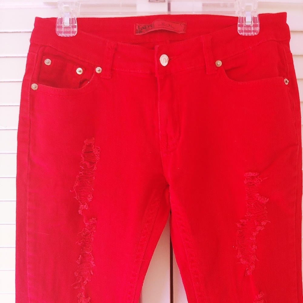 Red Distressed Style Jeans - Picture 3 of 12